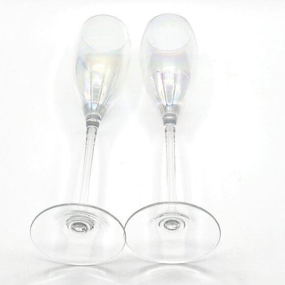 Iridescent Champagne Flutes 9.75"Tall Iridescent Bowl Plain Stem & Base Set of 2 - Picture 6 of 7